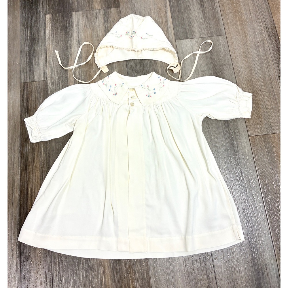 Vintage 1930s-50s Baby Christening Baptism Dress Bonnet Embroidered Heirloom